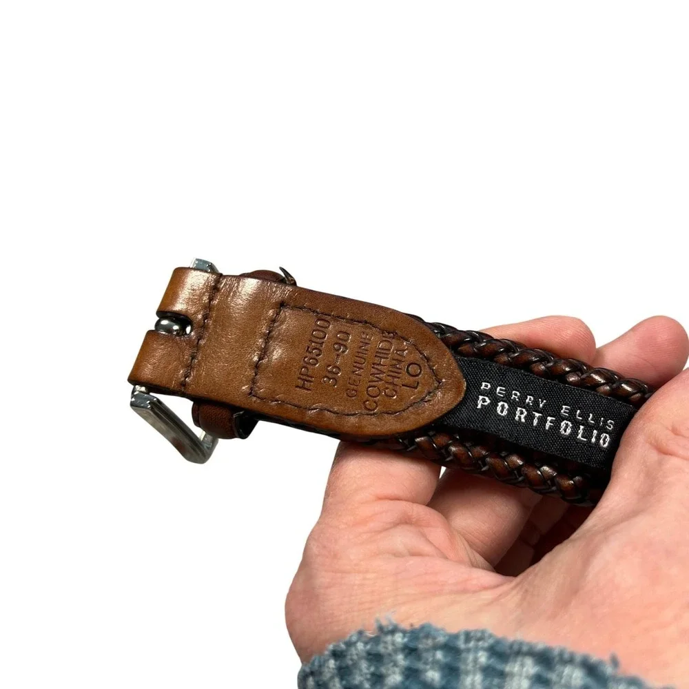 Perry Ellis Portfolio Men's Brown Woven Leather Belt Size L